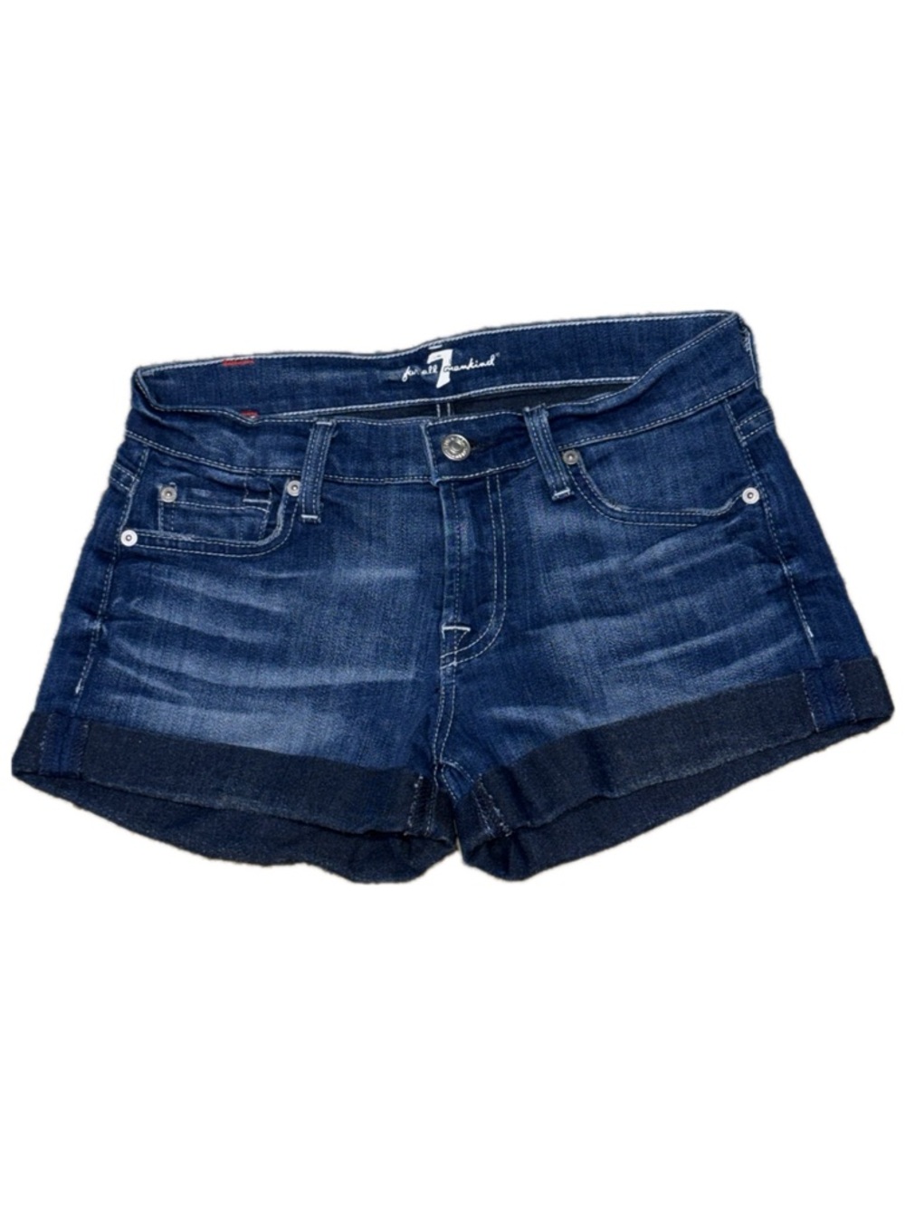 👖💿 7 FOR ALL MANKIND Y2K Denim Shorts Dark Wash Blue Cuffed | Women's Sz 24